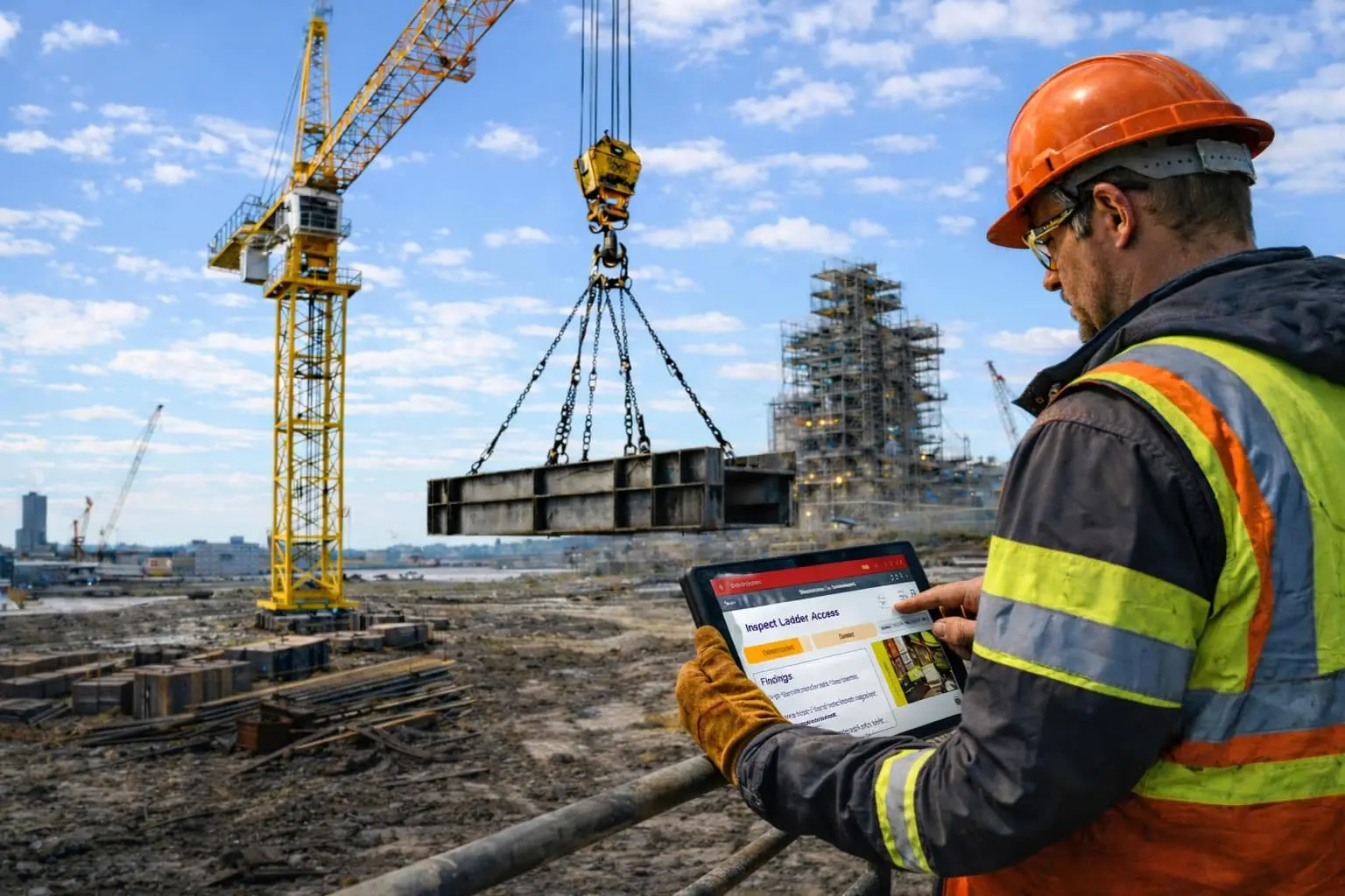 An inspector recording a lifting inspection on a tablet at a capital project site