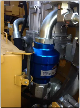 A blue Magnom unit fitted in a hydraulic line