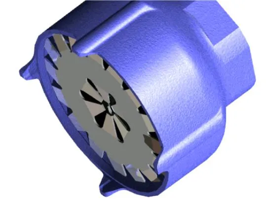 Cutaway drawing of a Magnom PumpMate, showing the magnetic core across the flow path