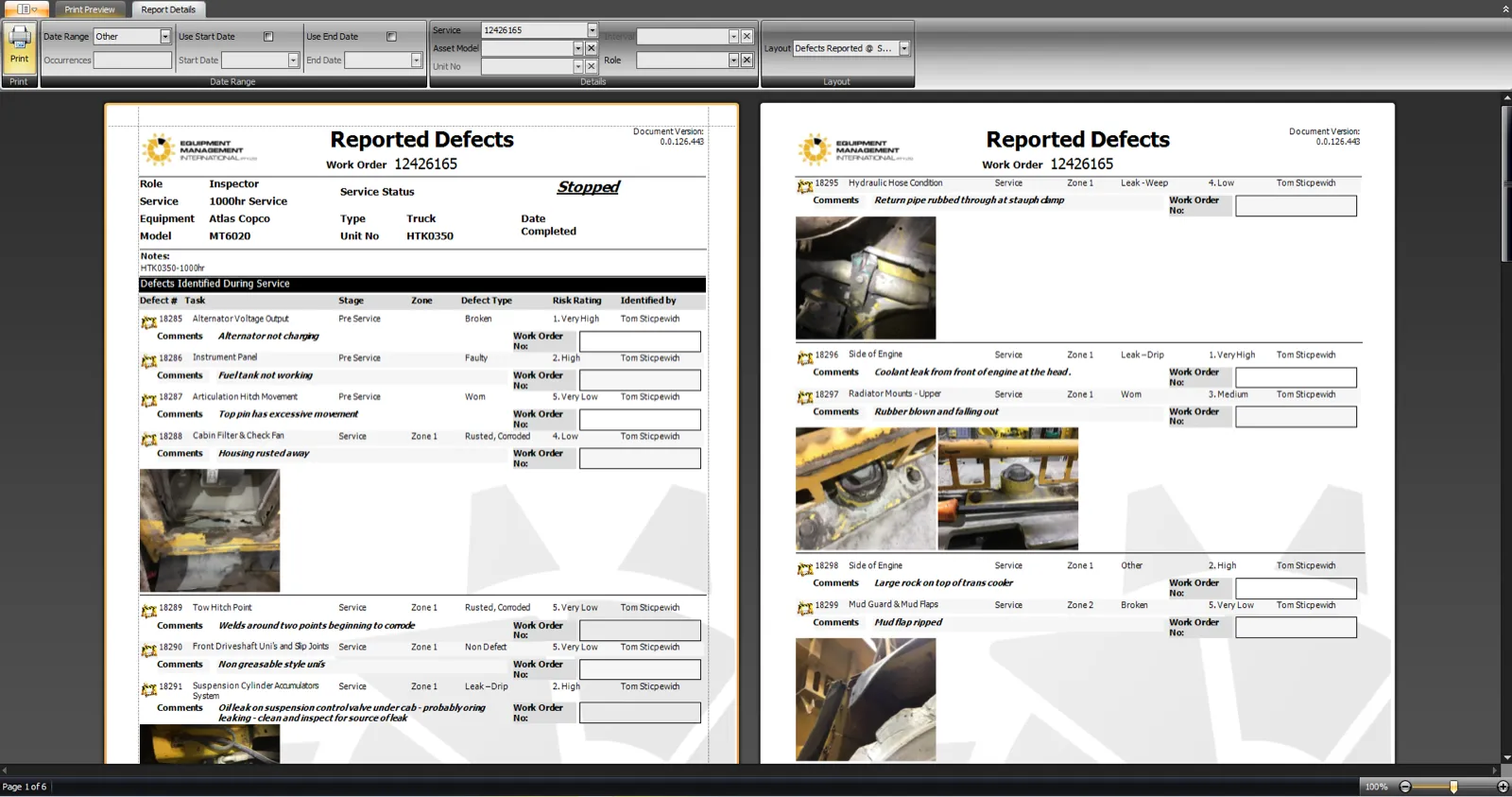 Actual defects collected to a specific PM Service work order number